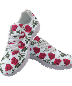 Pattern Of Red Flowers Roses And Leaves On Striped Background Running Shoes Sport Sneakers