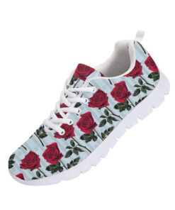 Pattern Of Red Flowers Roses And Leaves On Striped Background Running Shoes Sport Sneakers