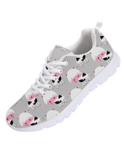Pink Cartoon Face Of Cow On Yellow Running Shoes Sport Sneakers